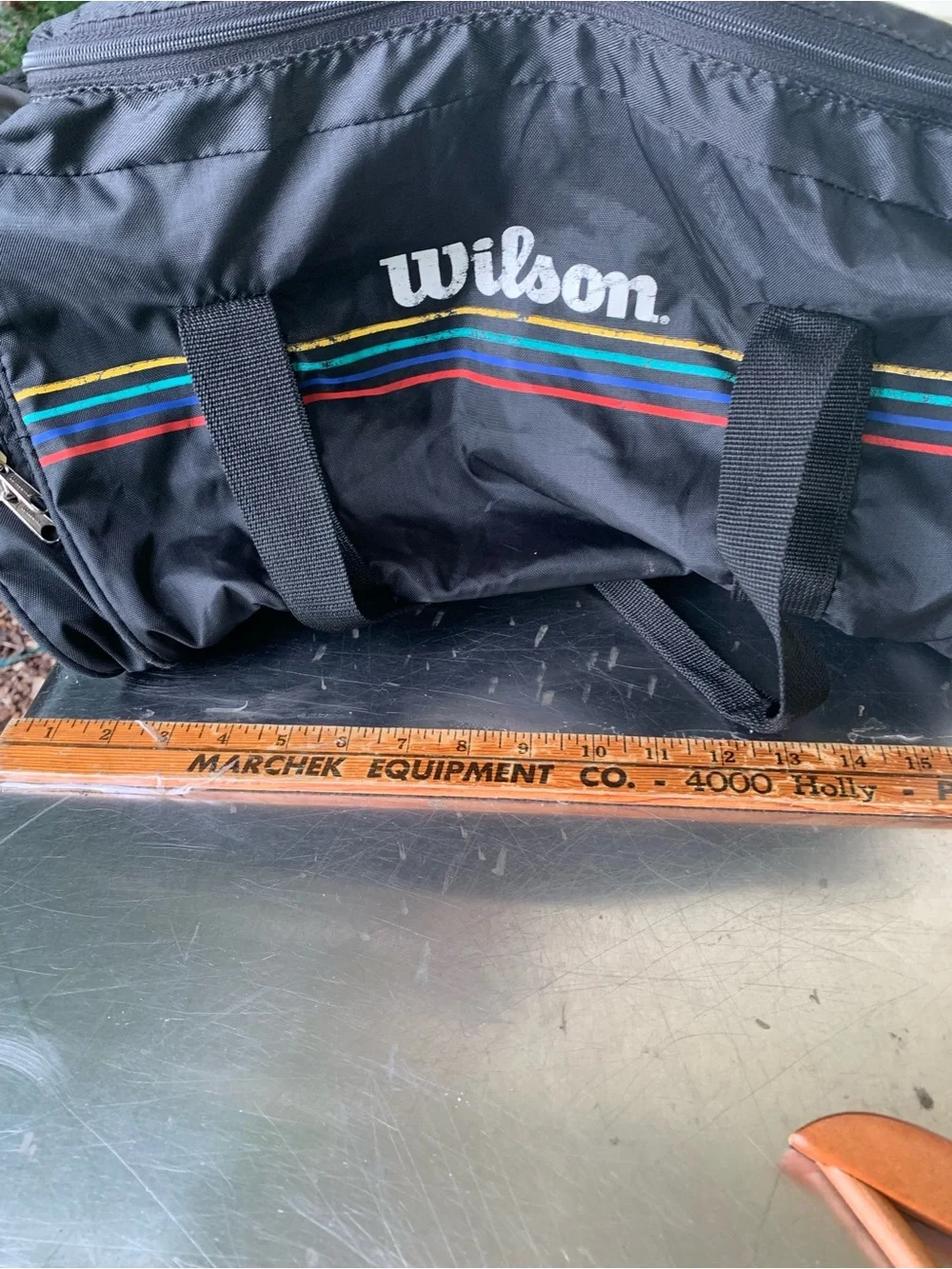 Vintage 70 80s Wilson Black Duffel Gym  Bag with multicolor Stripes